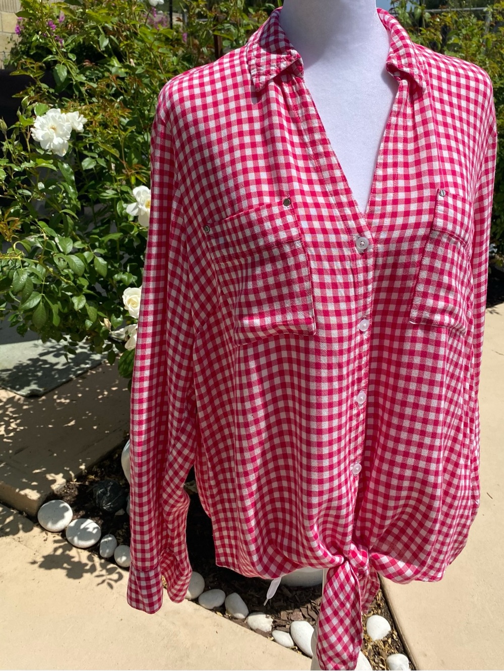 Jordan Pink Gingham Tie-Hem Button-Down Shirt